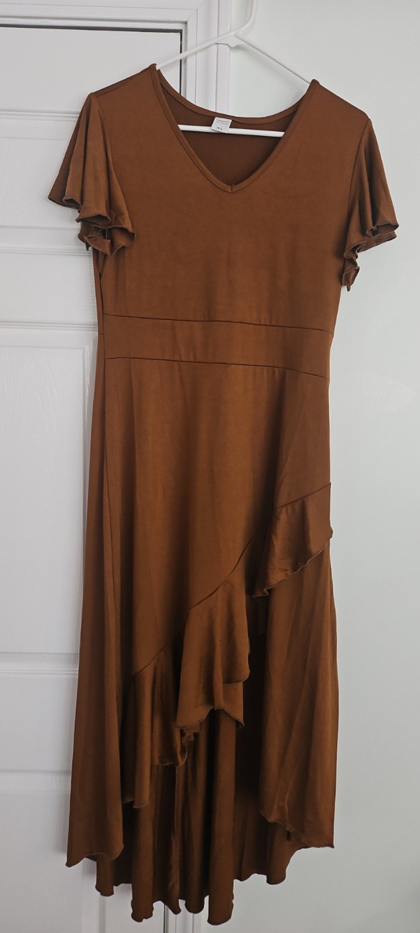 Women's Brown Tiered Maxi Dress V Neck Flutter Sleeve Ruffle Polyester Boho